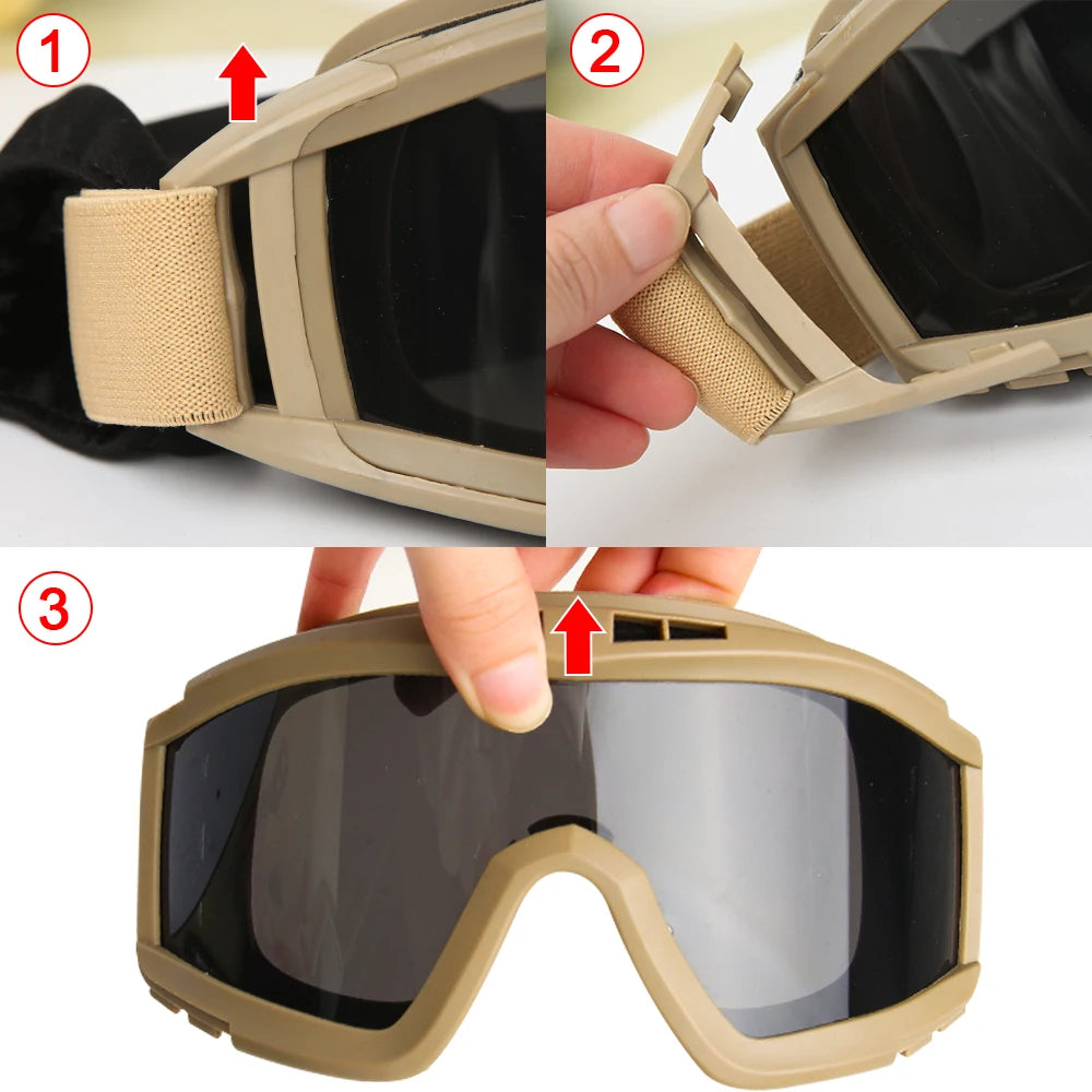 Tactical Goggles with 3 Interchangeable Lenses