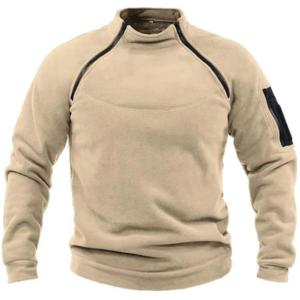 Winter Men's Standing Collar Fleece Pullover Solid Color Tactical Outdoor Jacket Hunting Clothes Zippers Windproof Thicken Coat - getsurvivalgadgets.com